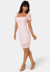 Lace Slim Dress with Puff Sleeves