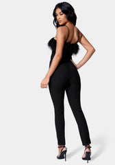 Feather Trim Slim Leg Belted Jumpsuit