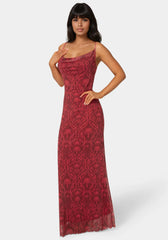 Printed Mesh Cowl Gown
