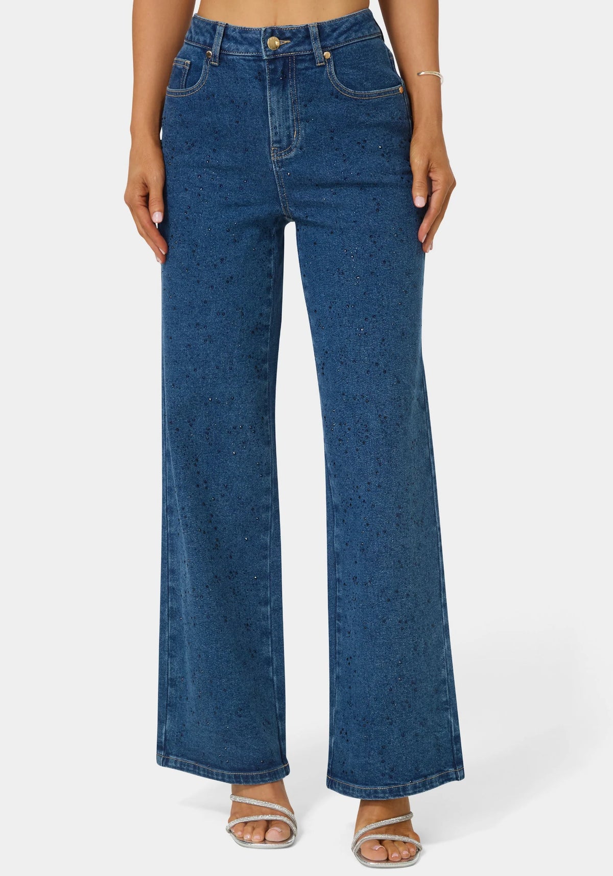 Natural Waist Rhinestone Wide Leg Jeans